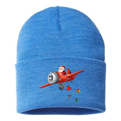 Funny Retro Christmas Santa Claus Riding A Airplane Costume Great Gift Sustainable Knit Beanie