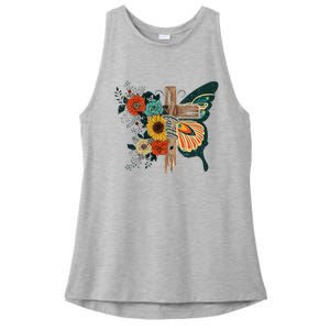 Faith Retro Cross Butterfly Religious Gifts Christian Ladies PosiCharge Tri-Blend Wicking Tank