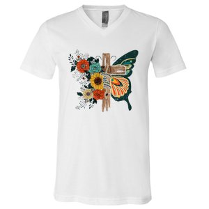 Faith Retro Cross Butterfly Religious Gifts Christian V-Neck T-Shirt