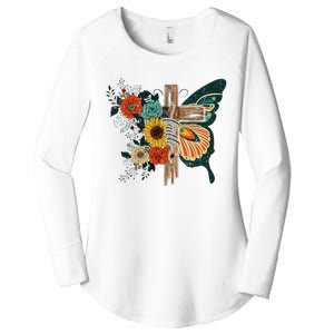 Faith Retro Cross Butterfly Religious Gifts Christian Women's Perfect Tri Tunic Long Sleeve Shirt