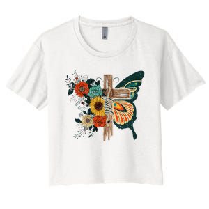 Faith Retro Cross Butterfly Religious Gifts Christian Women's Crop Top Tee