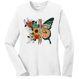 Faith Retro Cross Butterfly Religious Gifts Christian Ladies Long Sleeve Shirt