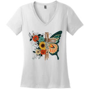 Faith Retro Cross Butterfly Religious Gifts Christian Women's V-Neck T-Shirt