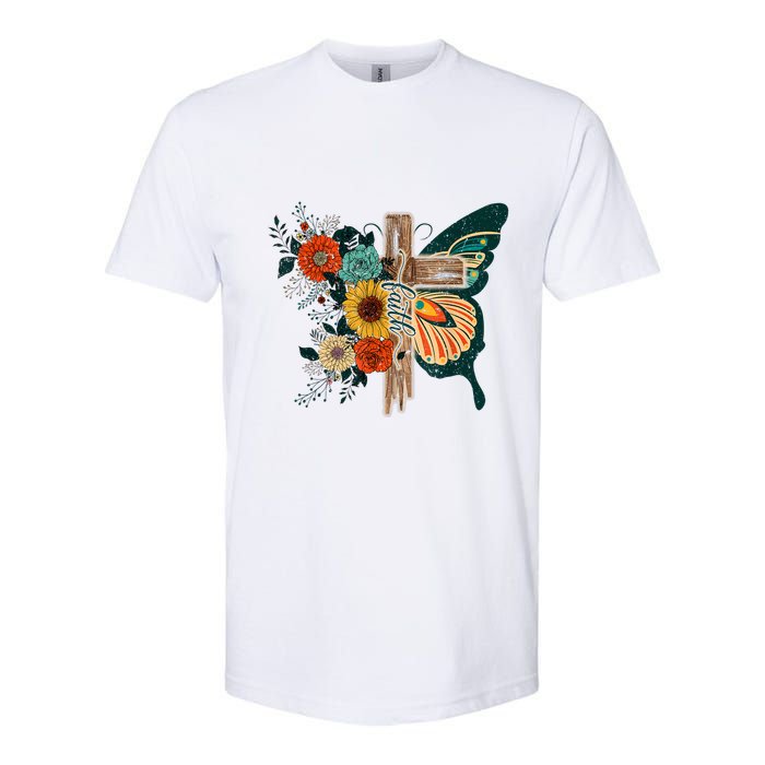 Faith Retro Cross Butterfly Religious Gifts Christian Women Softstyle CVC T-Shirt