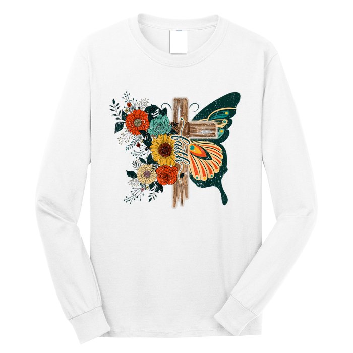 Faith Retro Cross Butterfly Religious Gifts Christian Women Long Sleeve Shirt