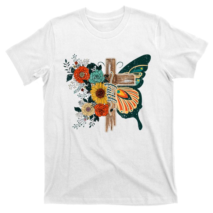 Faith Retro Cross Butterfly Religious Gifts Christian Women T-Shirt