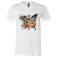 Faith Retro Cross Butterfly Religious Gifts Christian Women V-Neck T-Shirt