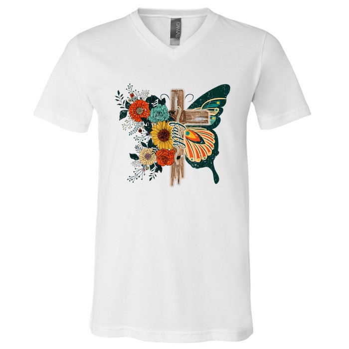 Faith Retro Cross Butterfly Religious Gifts Christian Women V-Neck T-Shirt