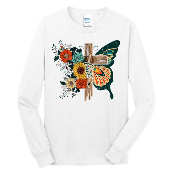 Faith Retro Cross Butterfly Religious Gifts Christian Women Tall Long Sleeve T-Shirt