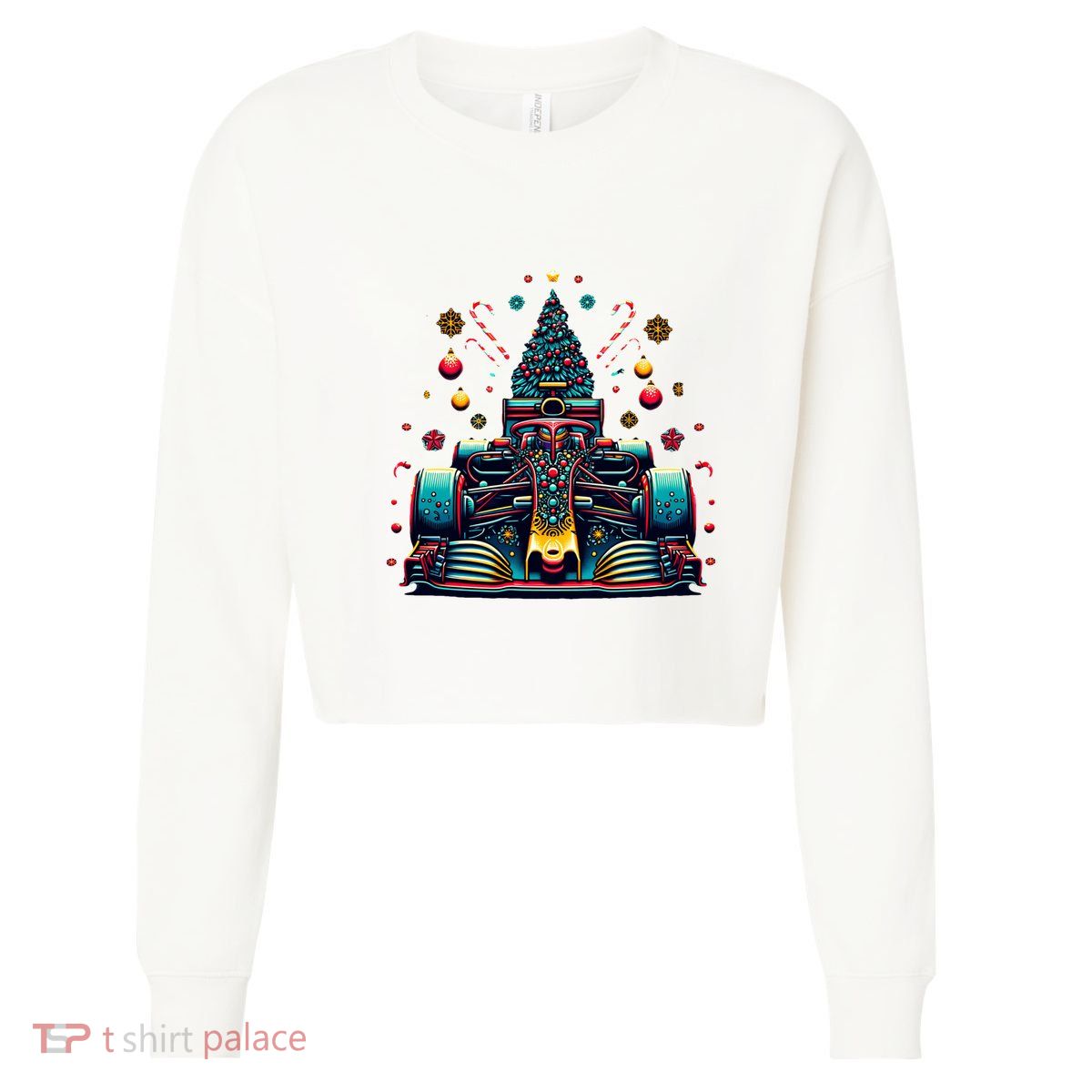 Formula Racing Car Christmas Tree Cropped Pullover Crew