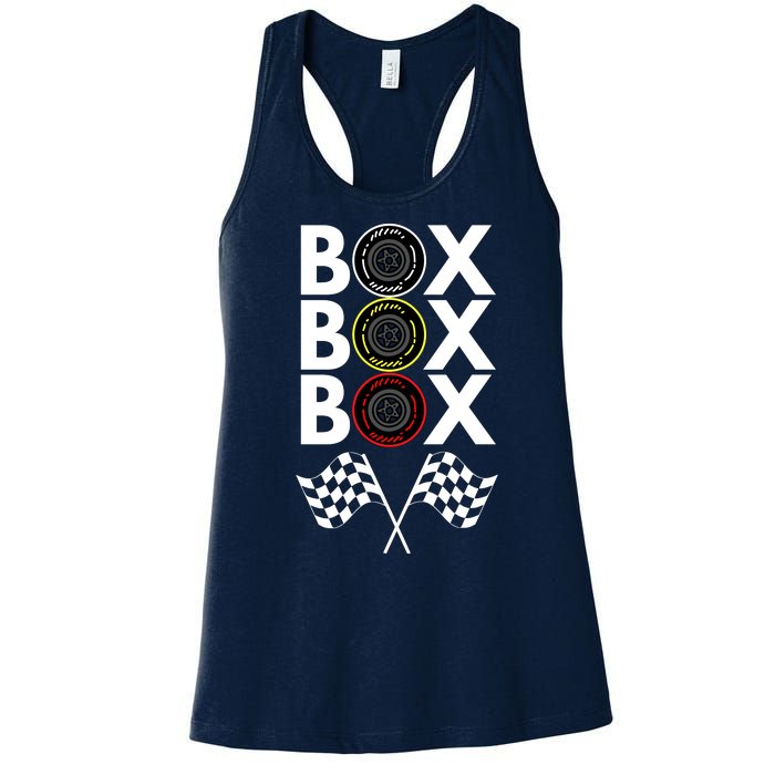 Formula Racing Car, Box Box Box Radio Call To PitBox Car Race Women's Racerback Tank