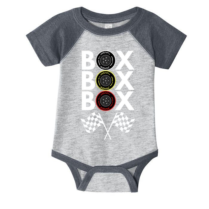 Formula Racing Car, Box Box Box Radio Call To PitBox Car Race Infant Baby Jersey Bodysuit