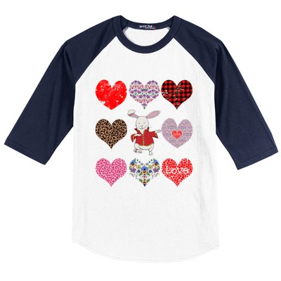 Funny Rabbit Cute Retro Floral Hearts Pattern Valentines Day Gift Baseball Sleeve Shirt