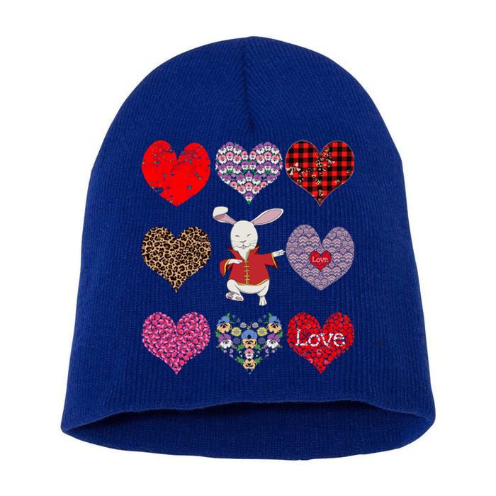 Funny Rabbit Cute Retro Floral Hearts Pattern Valentines Day Gift Short Acrylic Beanie