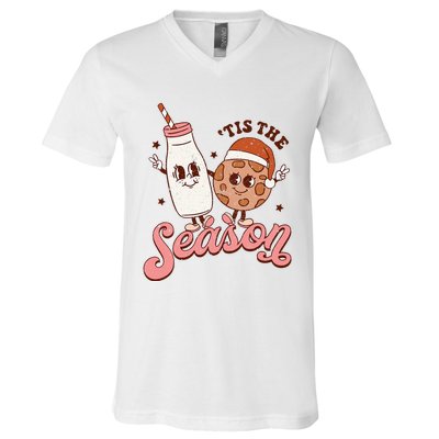 Festive Retro Christmas Milk and Cookie Season V-Neck T-Shirt