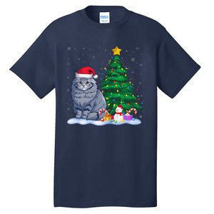 Funny Ragdoll Cat Xmas Tree Lights Reindeer Hat Christmas Tall T-Shirt