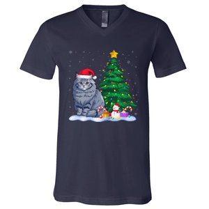 Funny Ragdoll Cat Xmas Tree Lights Reindeer Hat Christmas V-Neck T-Shirt