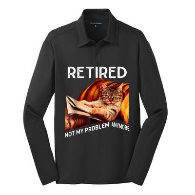 Funny Retired Cat Reading Not My Problem Anymore Retirement Silk Touch Performance Long Sleeve Polo