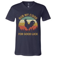 Funny Rooster Chicken Pun Rub My Cock For Good Luck V-Neck T-Shirt