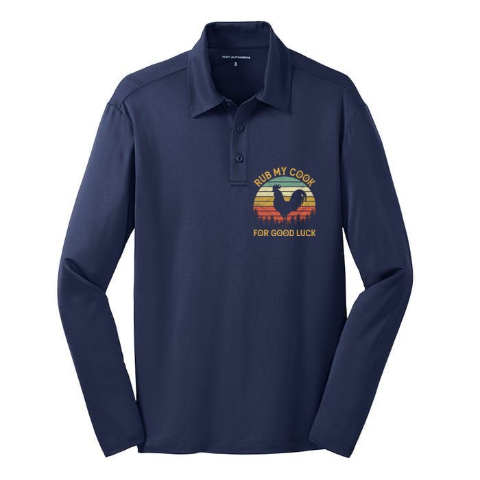 Funny Rooster Chicken Pun Rub My Cock For Good Luck Silk Touch Performance Long Sleeve Polo