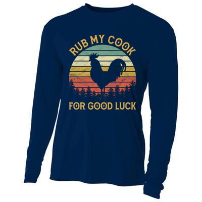 Funny Rooster Chicken Pun Rub My Cock For Good Luck Cooling Performance Long Sleeve Crew