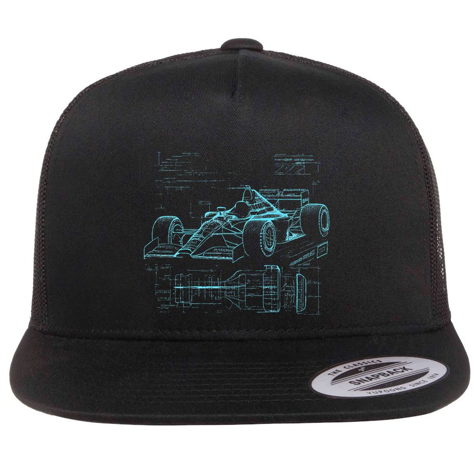 Formula Racing Car Silhouette Mechanic Car Guys Flat Bill Trucker Hat