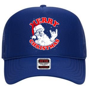 Funny Retro Christmas Santa Rock And Roll Gift High Crown Mesh Back Trucker Hat