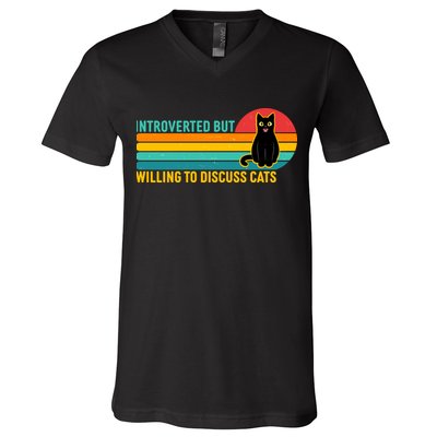 Funny Retro Cat Introverted But Willing To Discuss Cats V-Neck T-Shirt