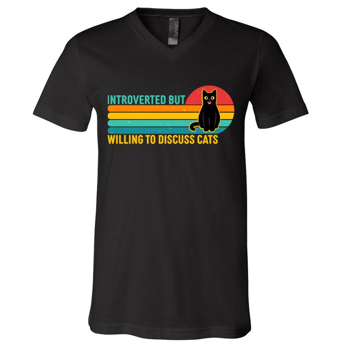 Funny Retro Cat Introverted But Willing To Discuss Cats V-Neck T-Shirt