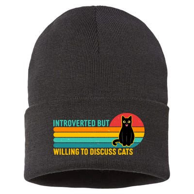 Funny Retro Cat Introverted But Willing To Discuss Cats Sustainable Knit Beanie