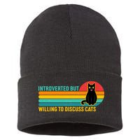 Funny Retro Cat Introverted But Willing To Discuss Cats Sustainable Knit Beanie