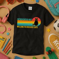Funny Retro Cat Introverted But Willing To Discuss Cats Kids T-Shirt