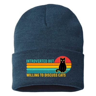 Funny Retro Cat Introverted But Willing To Discuss Cats Sustainable Knit Beanie