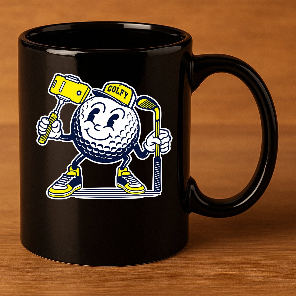 Funny Retro Cartoon Golf Ball Taking Selfie 11oz C Handle Ceramic Mug