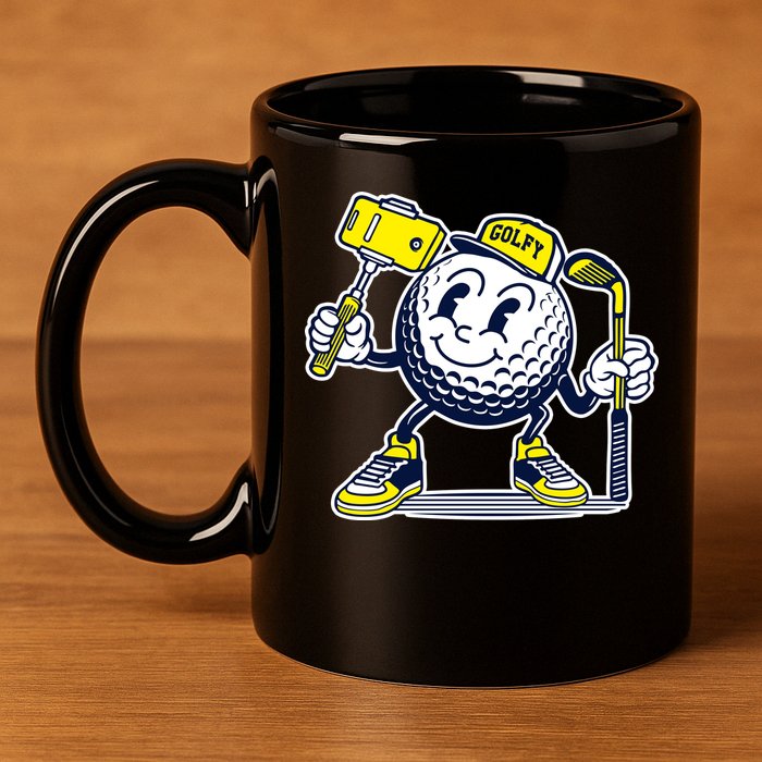Funny Retro Cartoon Golf Ball Taking Selfie 11oz C Handle Ceramic Mug