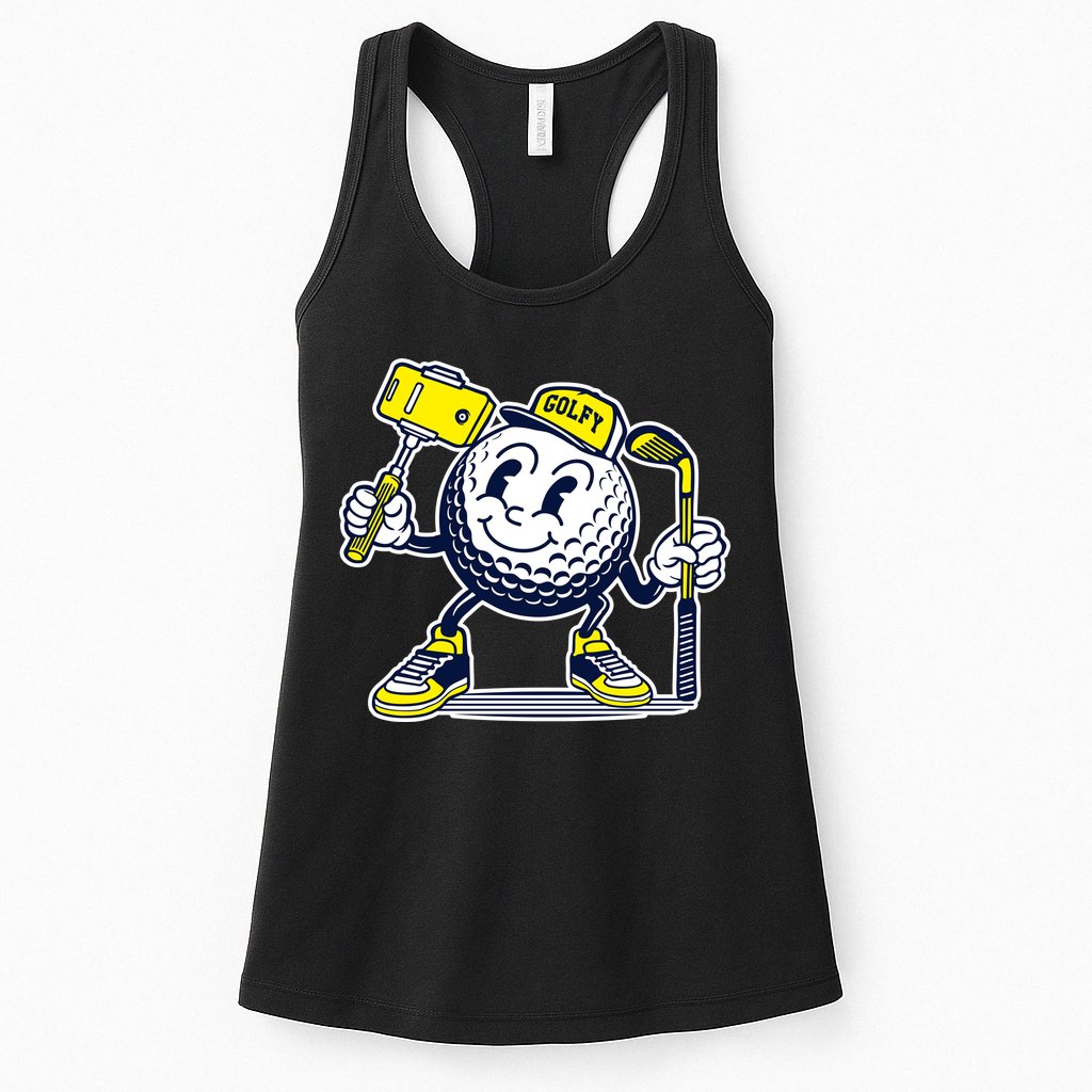 Funny Retro Cartoon Golf Ball Taking Selfie Womens Tank Top