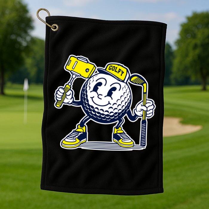 Funny Retro Cartoon Golf Ball Taking Selfie Golf Towel