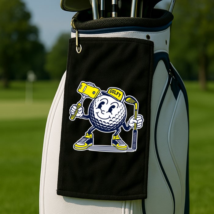 Funny Retro Cartoon Golf Ball Taking Selfie Golf Towel