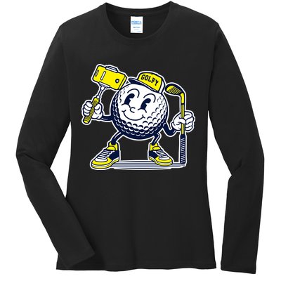 Funny Retro Cartoon Golf Ball Taking Selfie Ladies Long Sleeve Shirt