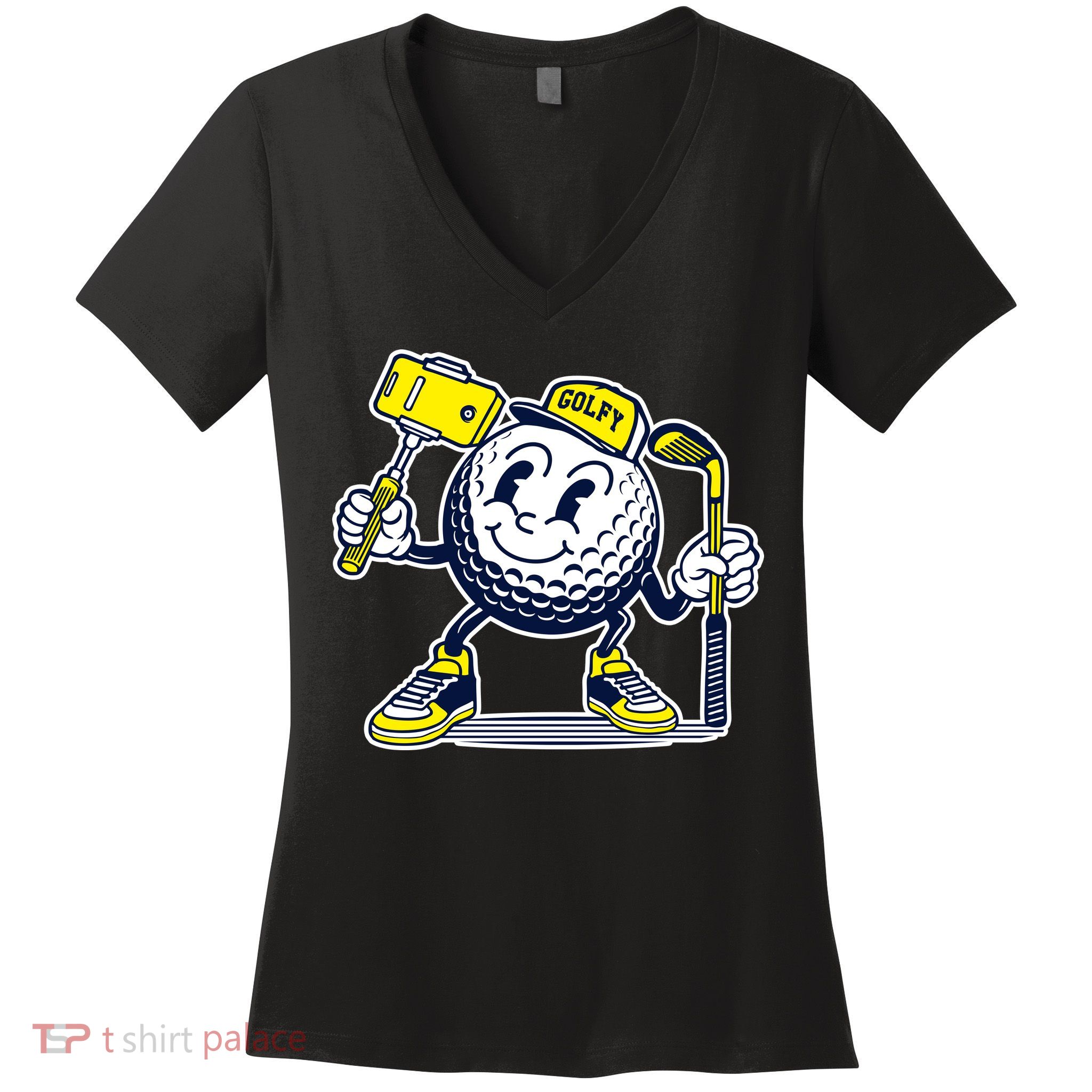 Funny Retro Cartoon Golf Ball Taking Selfie Women's V-Neck T-Shirt