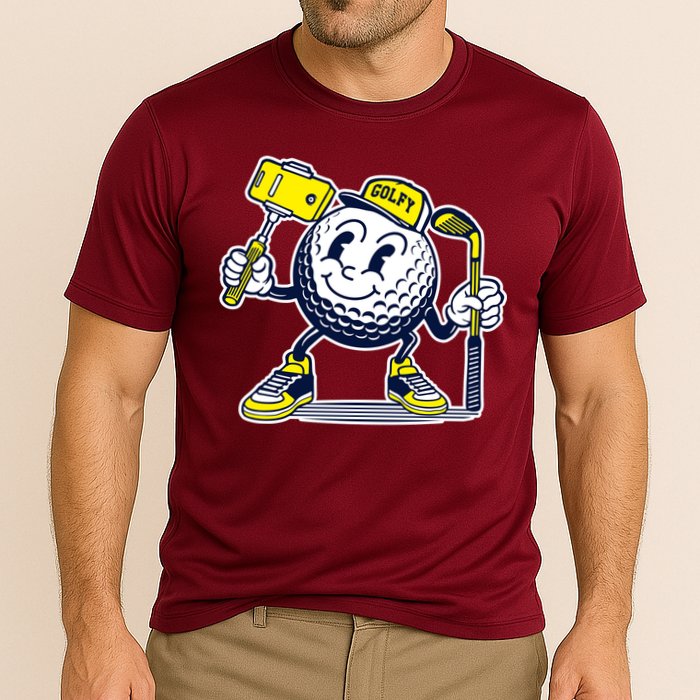 Funny Retro Cartoon Golf Ball Taking Selfie Cooling Performance Crew T-Shirt