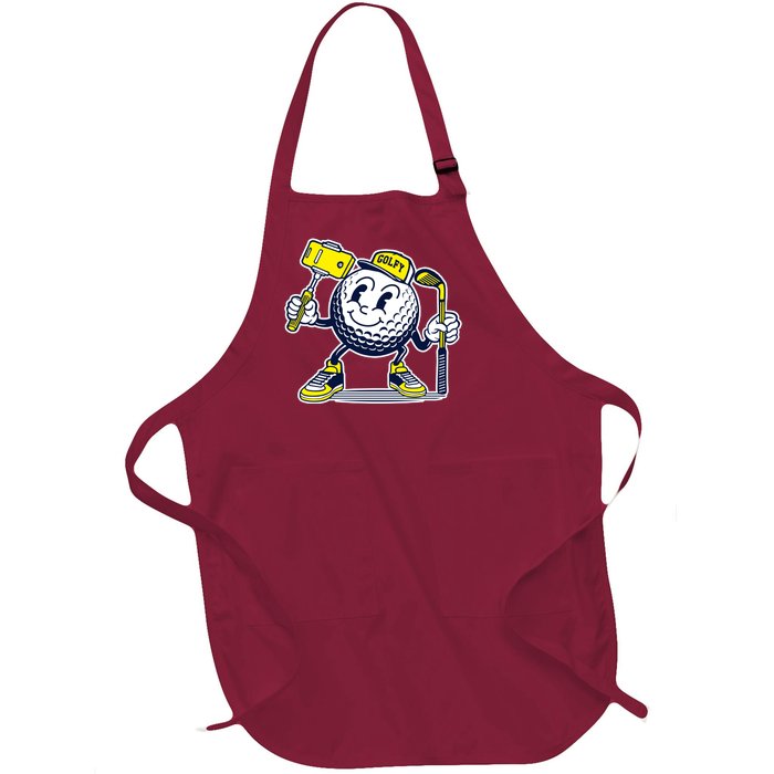 Funny Retro Cartoon Golf Ball Taking Selfie Full-Length Apron With Pockets