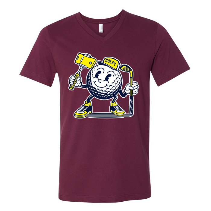 Funny Retro Cartoon Golf Ball Taking Selfie V-Neck T-Shirt