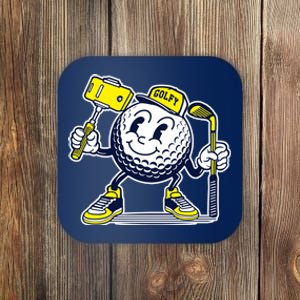 Funny Retro Cartoon Golf Ball Taking Selfie Coaster