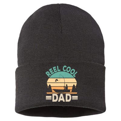 Funny Reel Cool Dad Fishing Fisherman Retro Fish Father Papa Sustainable Knit Beanie