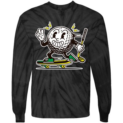 Funny Retro Cartoon Skateboarding Golf Ball Tie-Dye Long Sleeve Shirt