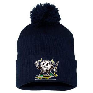 Funny Retro Cartoon Skateboarding Golf Ball Pom Pom 12in Knit Beanie