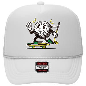 Funny Retro Cartoon Skateboarding Golf Ball High Crown Mesh Back Trucker Hat