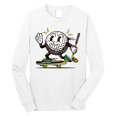 Funny Retro Cartoon Skateboarding Golf Ball Long Sleeve Shirt