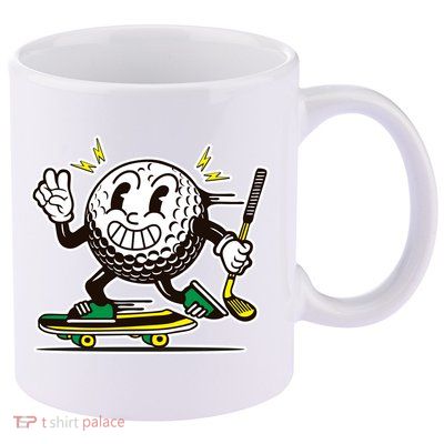 Funny Retro Cartoon Skateboarding Golf Ball 11oz C Handle Ceramic Mug